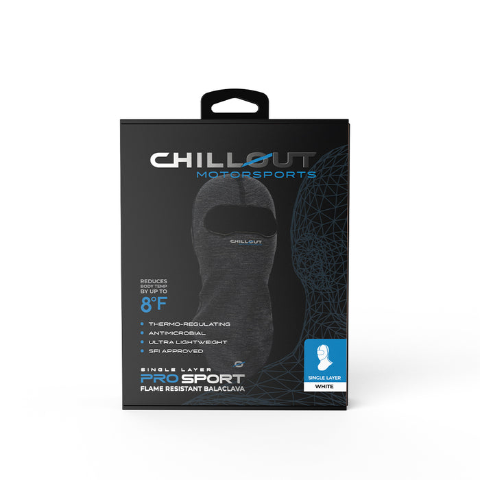 Chillout Motorsports Pro Sport Single Layer Flame Resistant Balaclava – lightweight, SFI-rated motorsport head protection with thermo-regulating technology